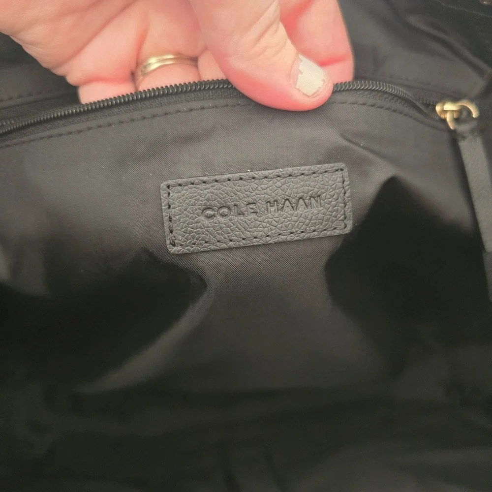 Cole Haan Black Pebbled Leather Tote Bag Gold Hardware Tassel Shoulder Bag